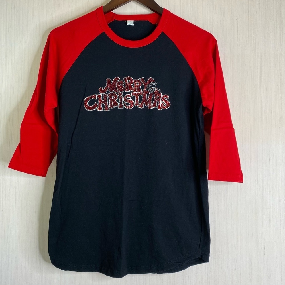 Unbranded Women’s Merry Christmas Raglan Sleeve Bling T-Shirt Red/Black XS